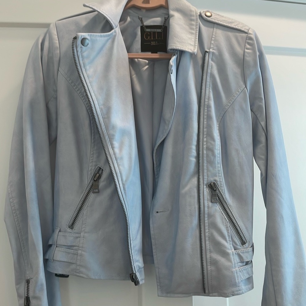 G.I.L.I. Faux leather bomber, baby blue, size 0.